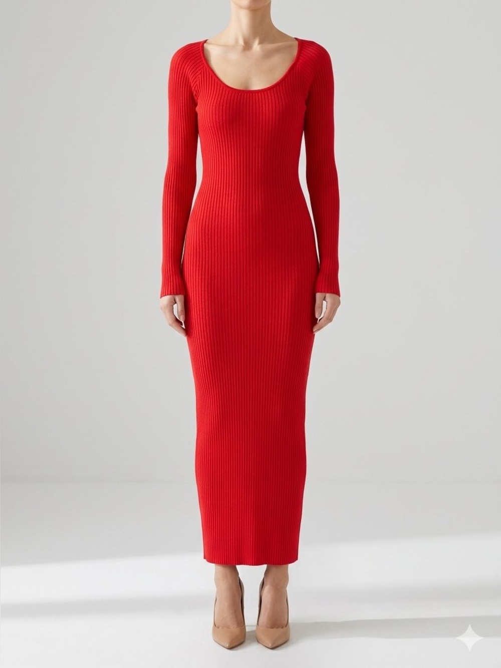 SHEIN Red Ribbed Long Sleeve Maxi Bodycon Dress